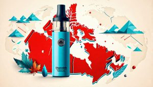 Conceptual artwork showing a Canadian map with a prominent vape pen, symbolizing the launch into the Canadian market and highlighting themes of niche market entry and innovation.