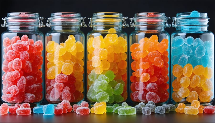 A variety of bright, colorful freeze dried candies in a clear jar