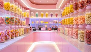 An energetic and stylish candy shop displaying a variety of colorful freeze dried candies in clear jars, with customers exploring the sweet selections.