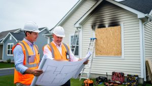 Two people in safety vests and hard hats examine renovation plans outside a smoke-stained suburban house with a boarded window, with ladder and restoration tools in the background under bright overcast light.