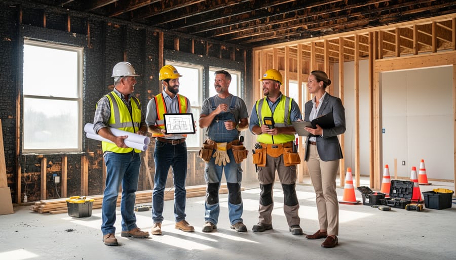 Construction professionals reviewing renovation plans at property site