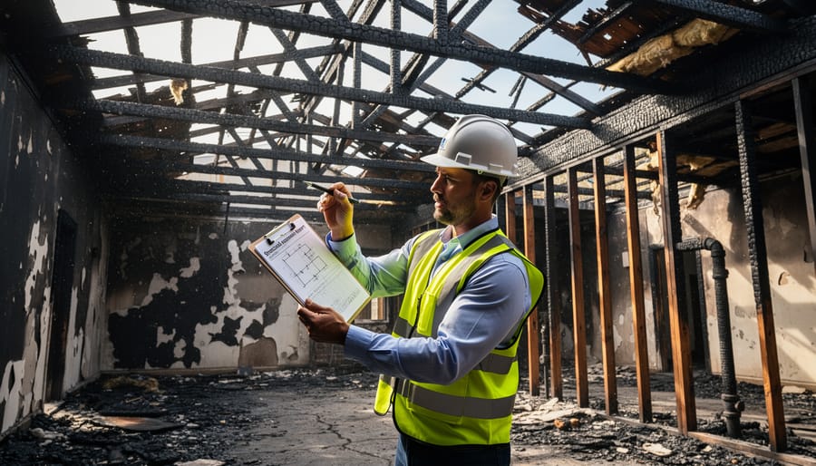 Contractor inspecting fire-damaged wooden structural framing up close
