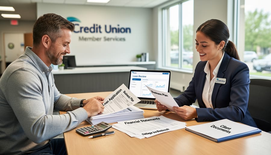 Business loan documents, calculator, and Canadian currency arranged on desk representing loan application preparation