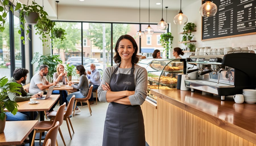 Successful café owner standing in renovated coffee shop interior after securing credit union financing