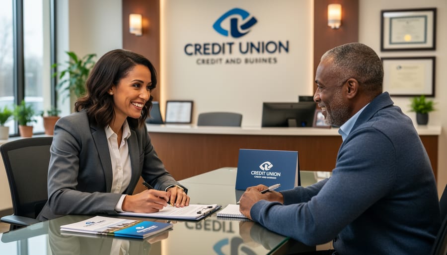 Small business owner shaking hands with credit union loan officer in professional office setting
