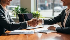 Small business owner and credit union loan officer shake hands across a table with documents and a laptop in a bright, welcoming branch; background softly blurred with plants and street view, no readable text.