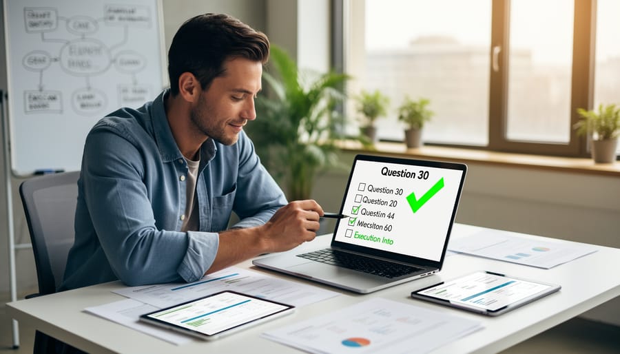 Entrepreneur reviewing launch checklist documents on a desk beside a laptop and smartphone