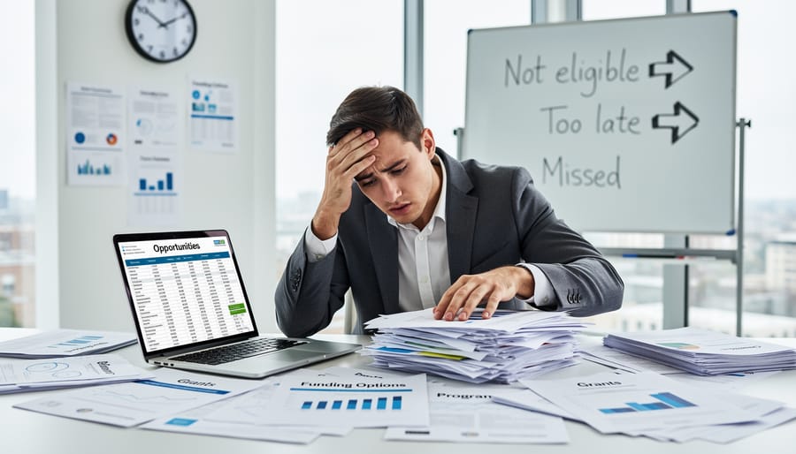 Frustrated small business owner reviewing multiple funding applications at cluttered desk