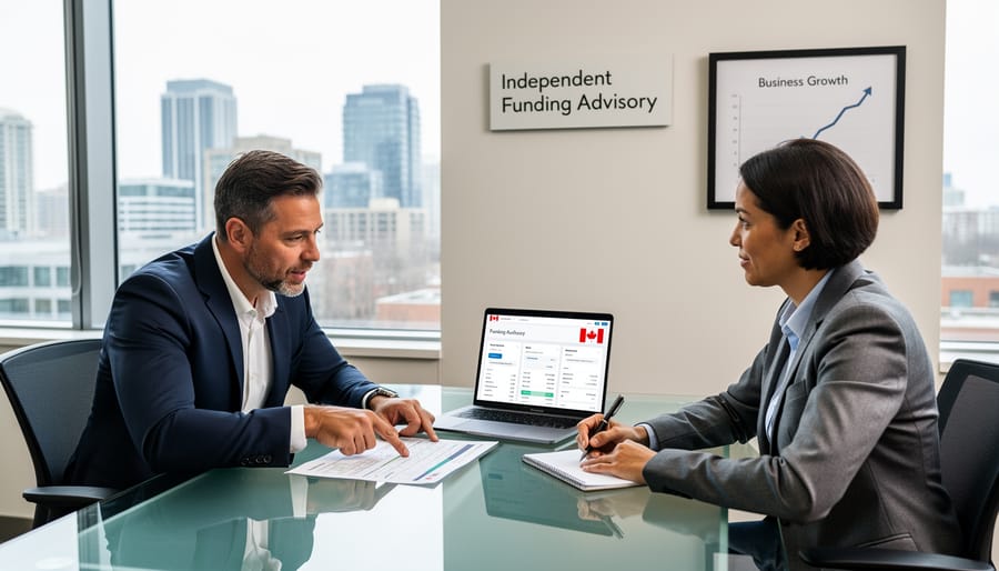 Canadian business owner meeting with independent funding advisor in professional office setting