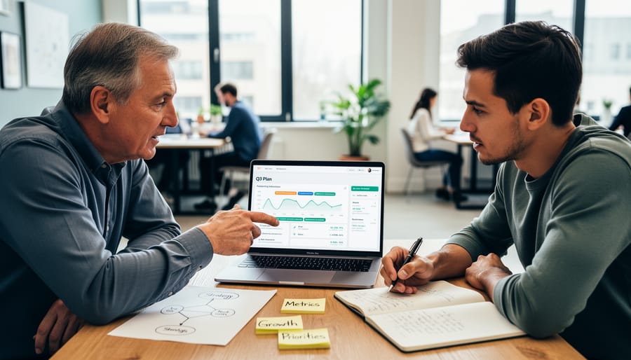 Mentor and startup founder having a focused discussion at a table in a Canadian coworking space