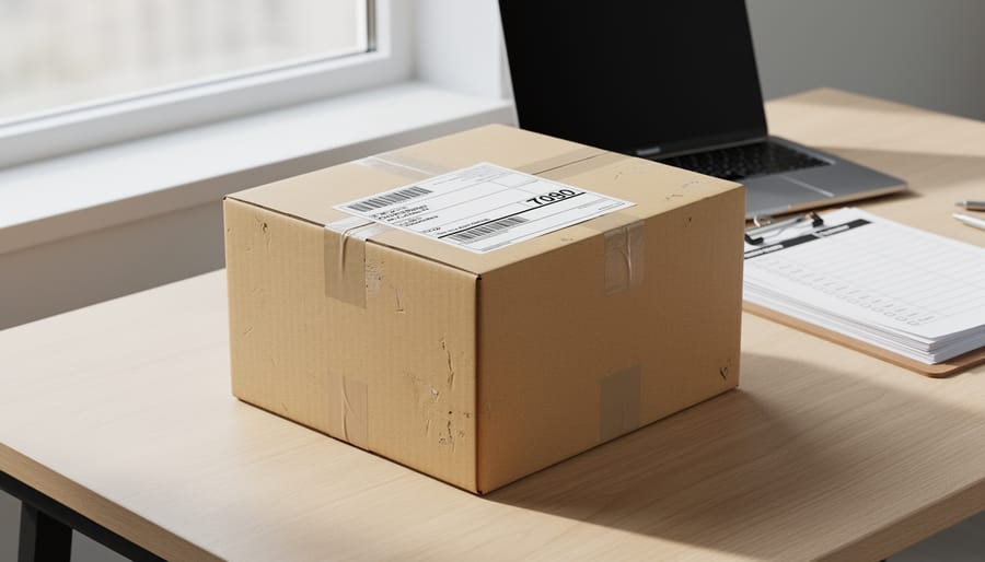 Hands placing a packaged box on a table in a workspace, representing launch readiness
