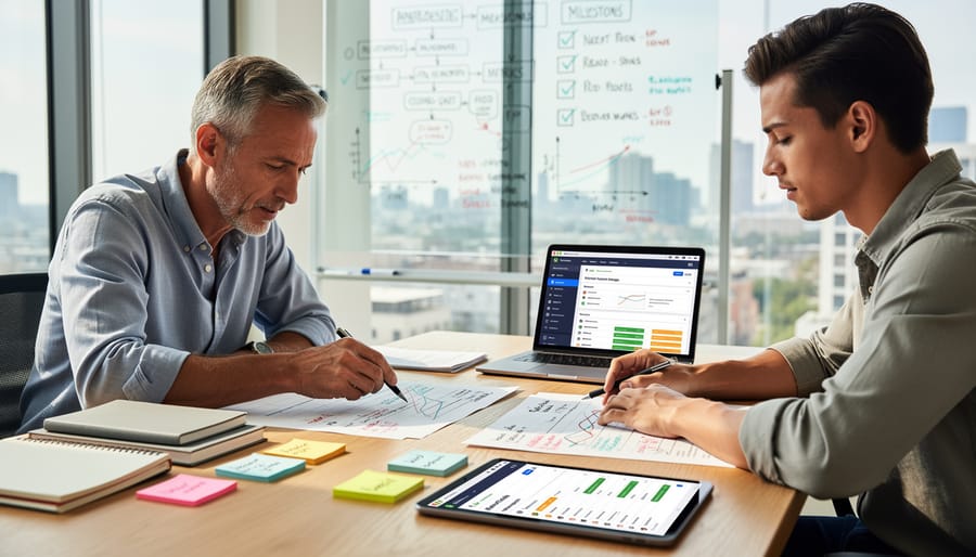 Two startup founders reviewing notes together in a conference room with sunlight and blurred background reflections