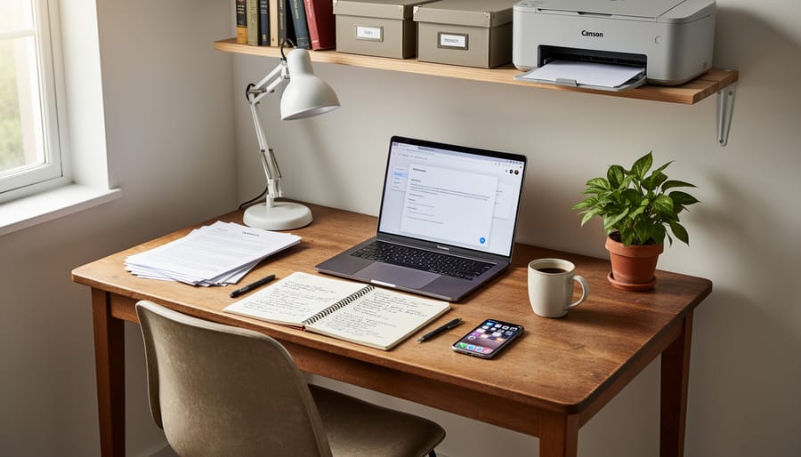 Person working on a home desk with a laptop and smartphone, demonstrating a no-money business setup