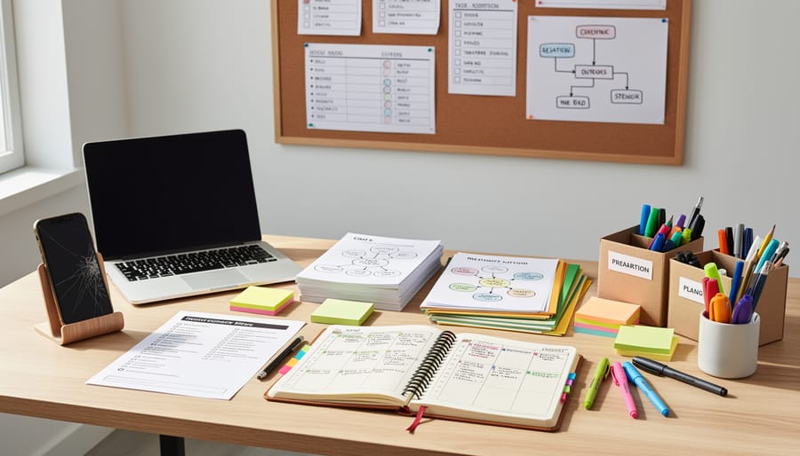 Top-down view of hands organizing a notebook and printed pages on a home desk for business planning
