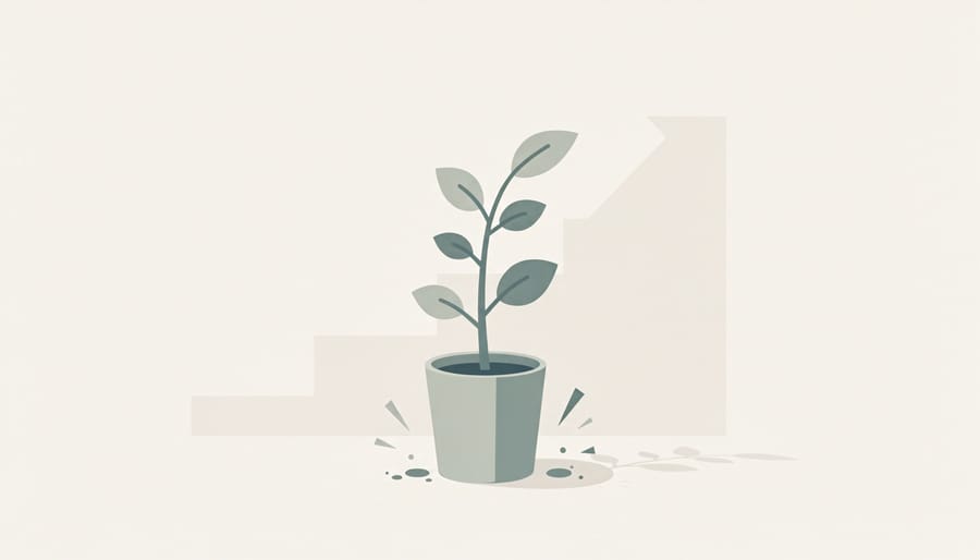 Young plant sprouting in dark soil near a window with a blurred laptop and smartphone in the background