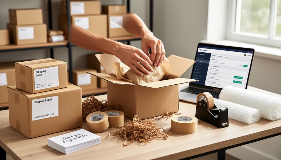 Hands packaging a small order in plain cardboard and packing paper on a worktable