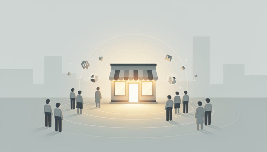 Conceptual glowing storefront scene made from silhouettes of common ecommerce items