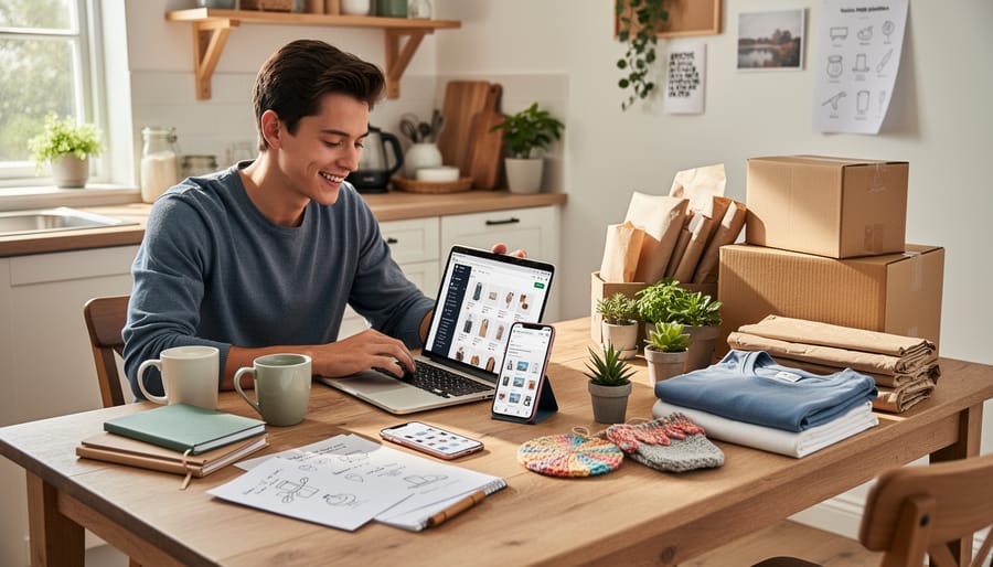 Person working on a laptop and smartphone at a kitchen table while planning an ecommerce store