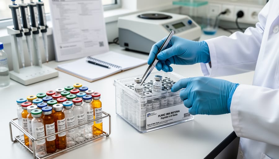 Gloved hands placing sealed research peptide vials into a chilled laboratory rack on a biotech bench