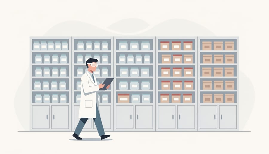 Researcher walking through organized lab storage shelves with neatly kept supplies
