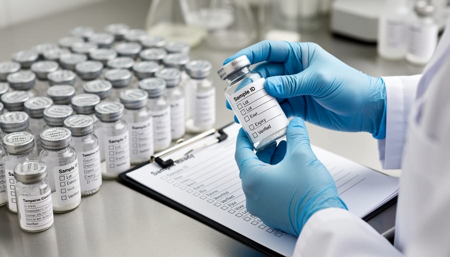 Macro close-up of a hand holding a sealed laboratory research vial on a clean benchtop