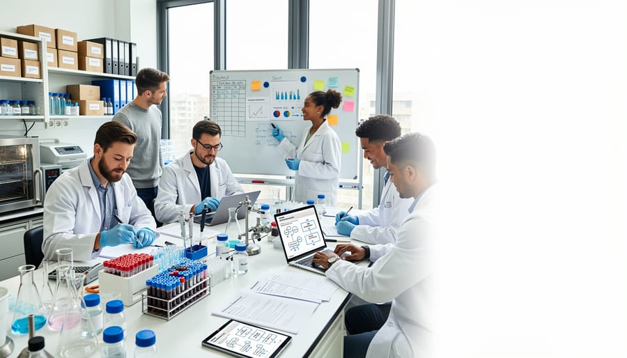 Biotech startup team members reviewing notes in a lab workspace with organized reagent bottles in the foreground