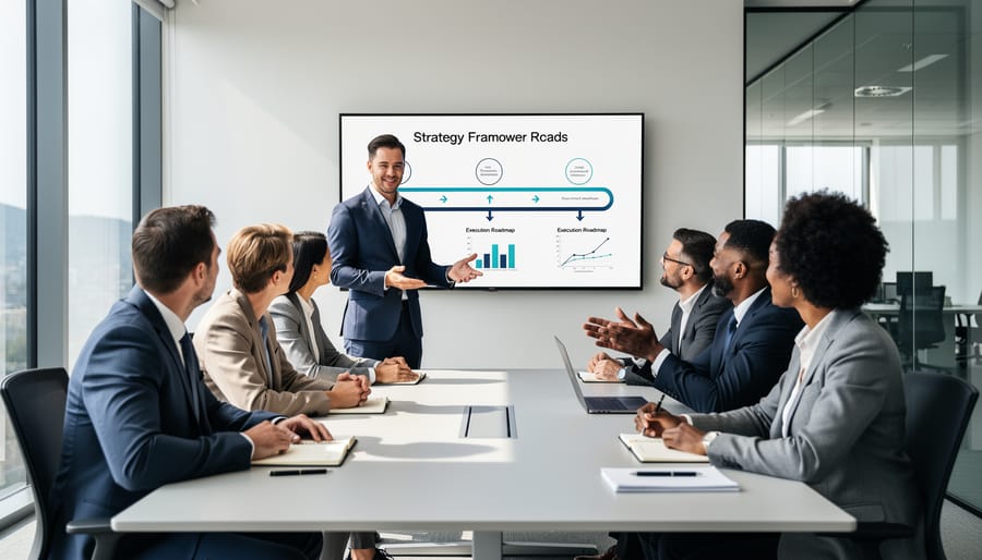 B2B team meeting with a blank whiteboard and printed documents in a modern office